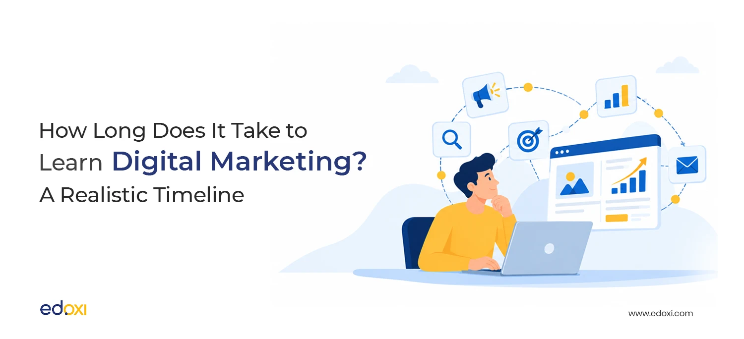 Illustration of a learner exploring the digital marketing learning timeline.